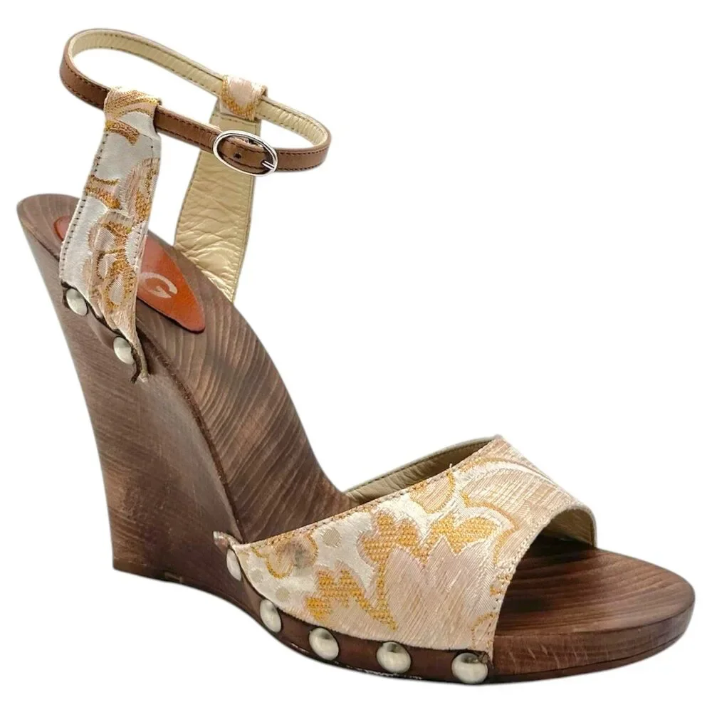 D&G Dolce & Gabbana Gold Damask & Wooden Wedge Sandals